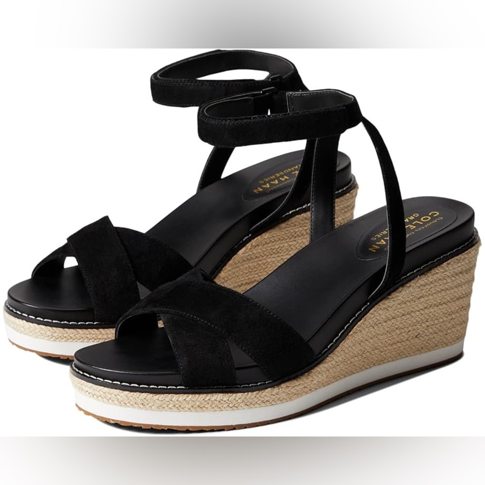 NWOB Cole Haan Cloudfeel Espadrilles Black Suede Leather Wedge Sandals Size 10